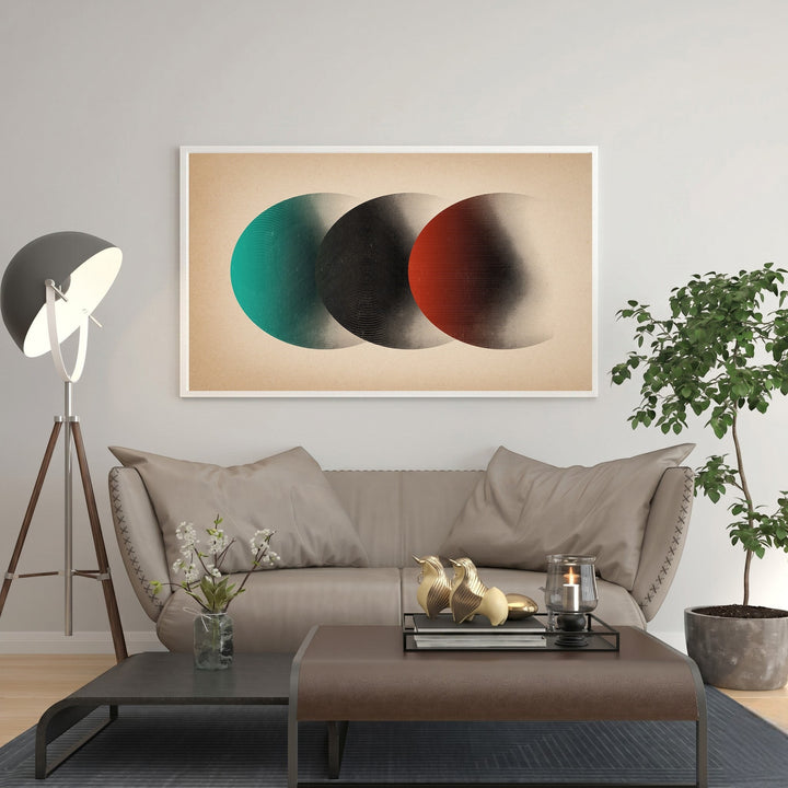 Wadi Home Abstract Circles Wall Art with teal, black, and red overlapping circles on a beige background.