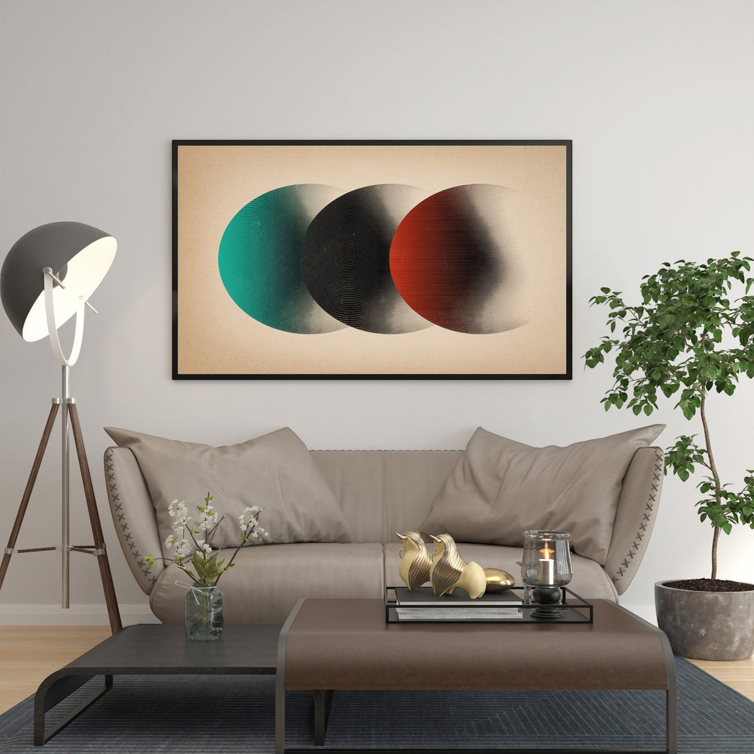 Wadi Home Abstract Circles Wall Art with teal, black, and red overlapping circles, modern textured design.