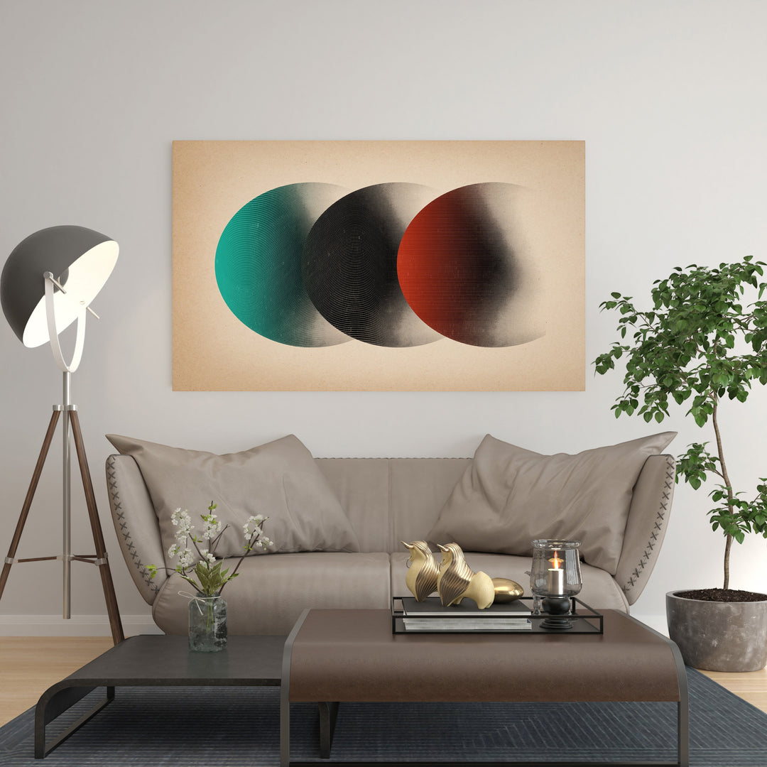 Wadi Home Abstract Circles Wall Art with teal, black, and red overlapping circles, modern design.