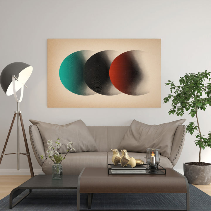 Wadi Home Abstract Circles Wall Art with teal, black, and red overlapping circles, modern design.