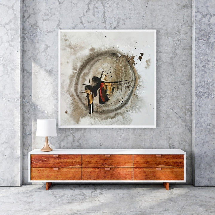 Wadi Home abstract circular mixed media wall art in earthy tones with black, red, and gold accents. Textured design.
