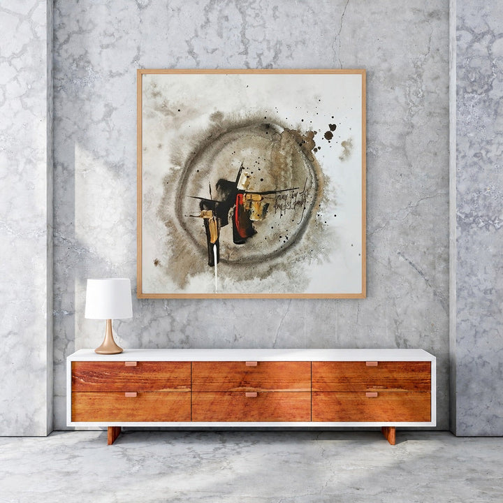 Wadi Home abstract circular mixed media wall art in earthy tones with black, red, and gold accents. Textured design.