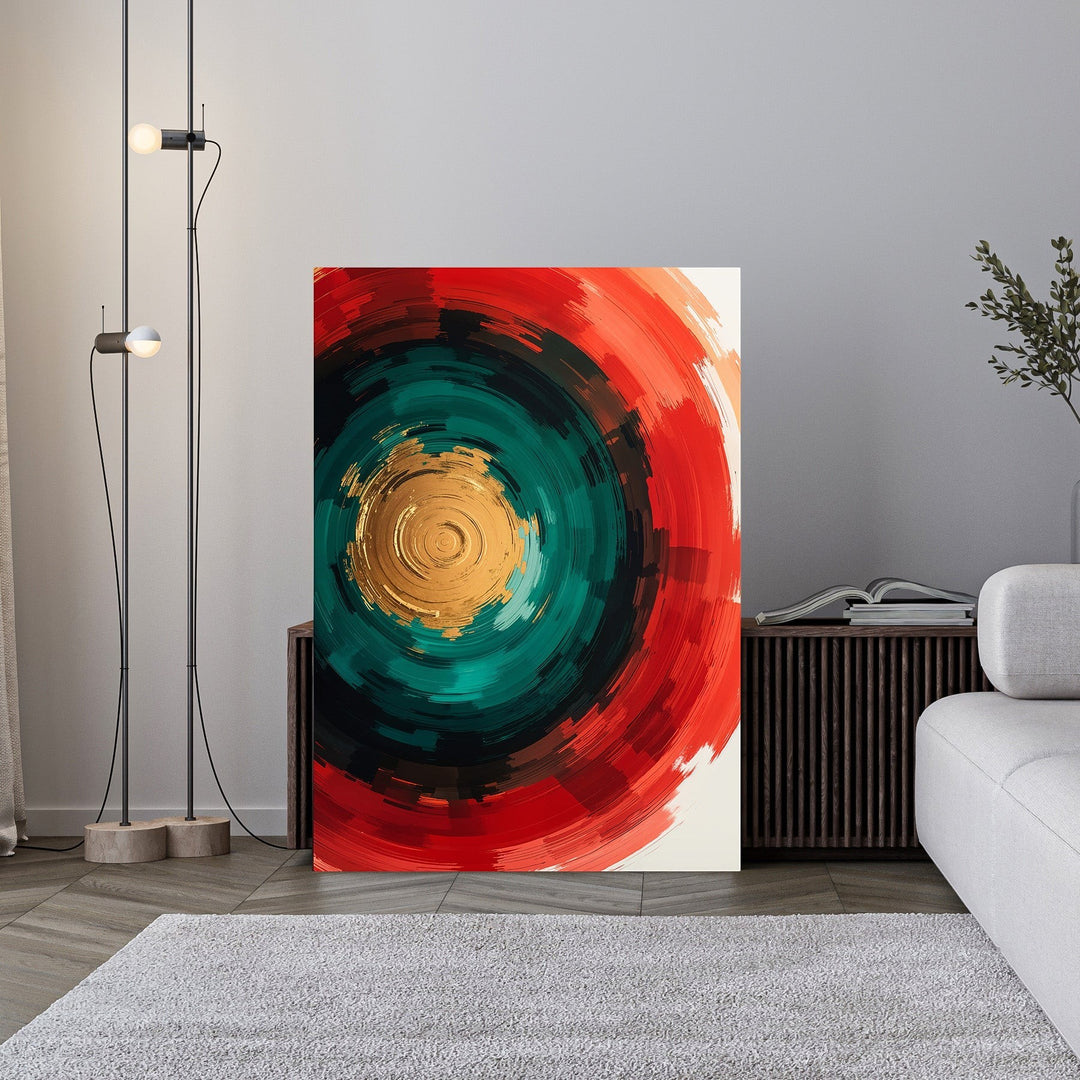 Wadi Home abstract circular wall art with red, teal, and gold concentric swirls and textured brushstrokes.