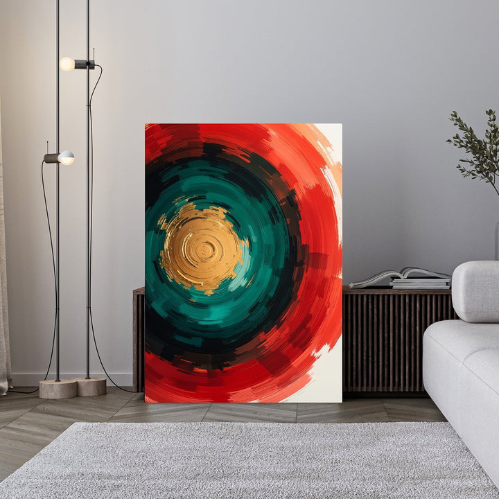 Wadi Home abstract circular wall art with red, teal, and gold concentric swirls and textured brushstrokes.
