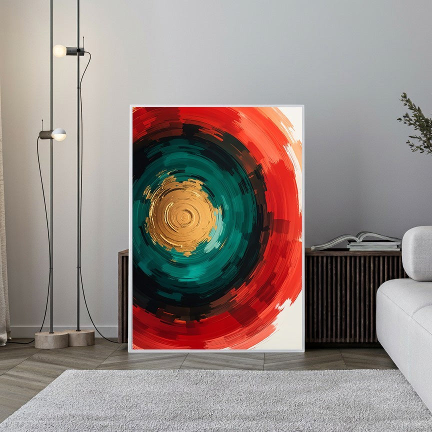 Wadi Home abstract circular wall art with concentric swirls in red, teal, gold, and black. Textured brushstrokes and metallic accents.