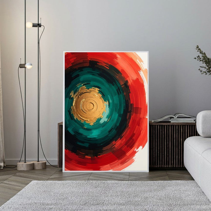 Wadi Home abstract circular wall art with concentric swirls in red, teal, gold, and black. Textured brushstrokes and metallic accents.