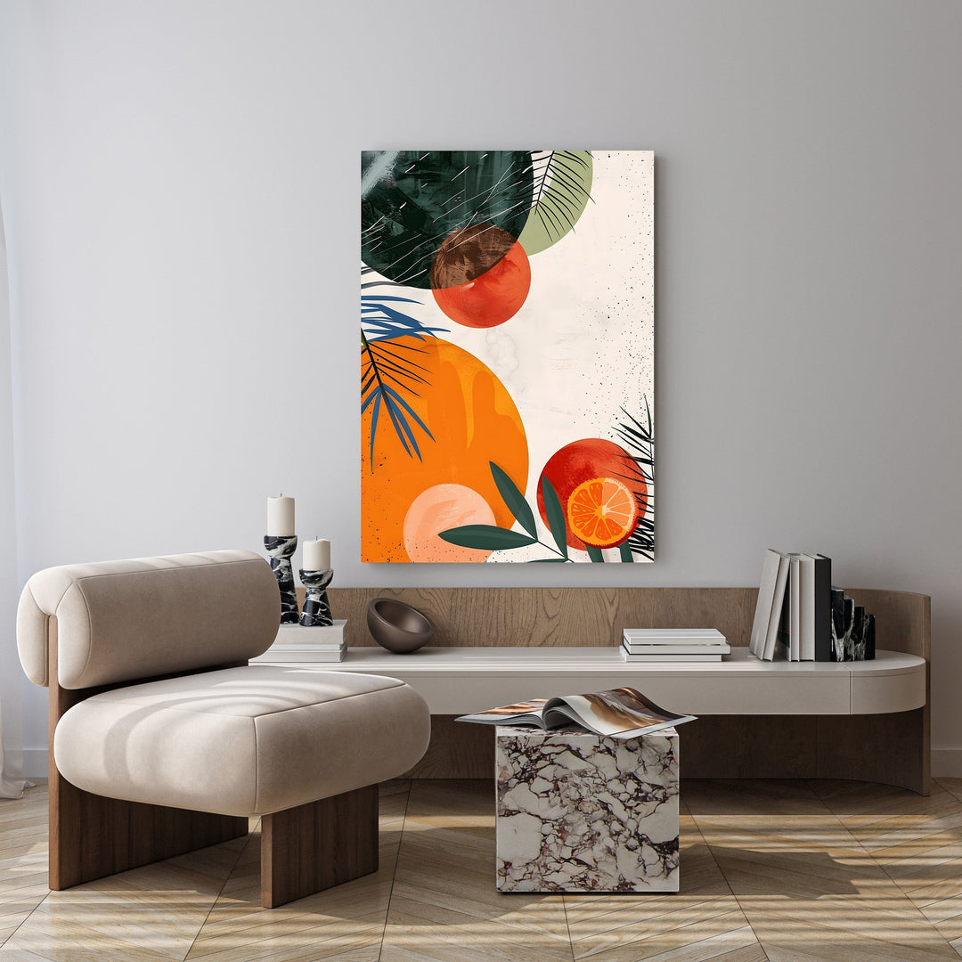 Wadi Home Abstract Citrus Botanical Wall Art with orange circles, green foliage, and palm leaves.