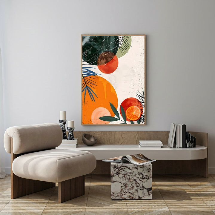 Wadi Home abstract citrus wall art with orange circles, green foliage, and palm leaves. Modern botanical design.