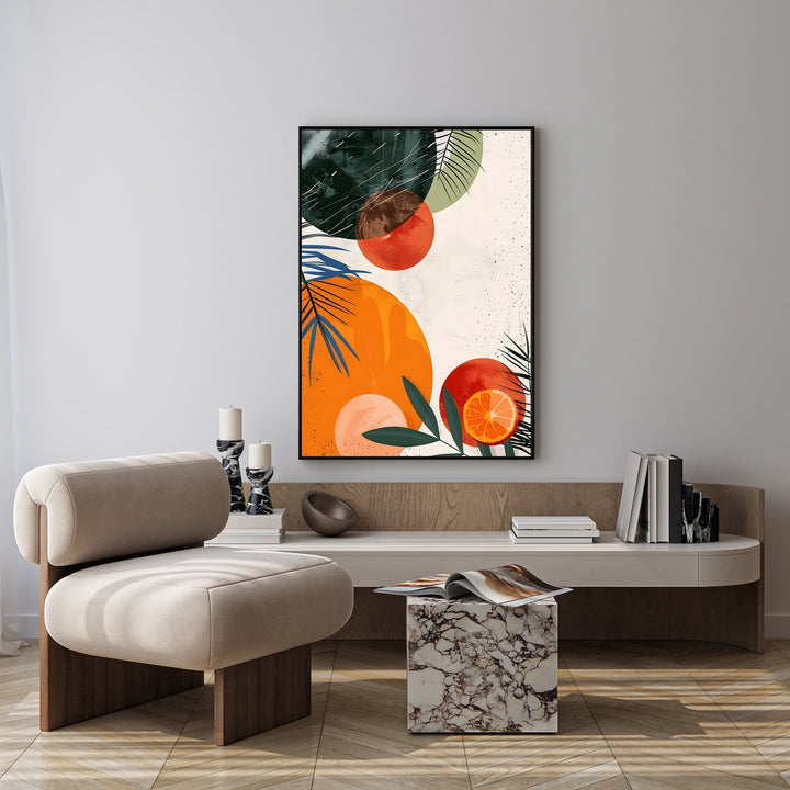 Wadi Home abstract citrus botanical wall art with orange circles, green foliage, and tropical leaves.