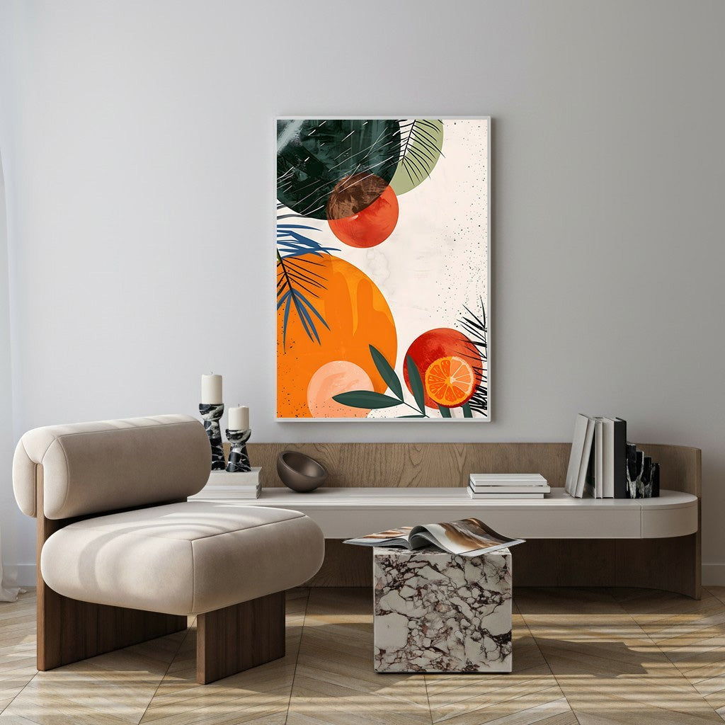 Wadi Home abstract citrus wall art with orange circles, green foliage, and tropical leaves. Modern, vibrant, and energetic.