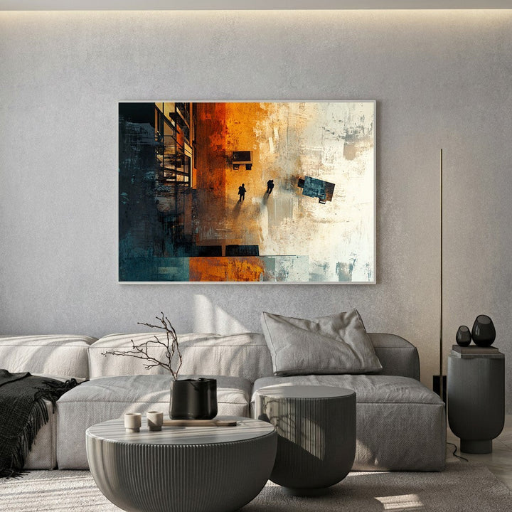 Wadi Home abstract wall art with orange, blue, and neutral tones depicting city figures and buildings.