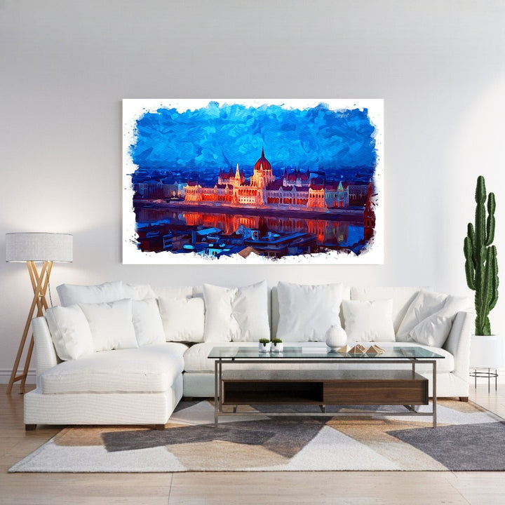Wadi Home abstract cityscape canvas wall art with vibrant blues and oranges, depicting a city skyline at dusk with reflections.