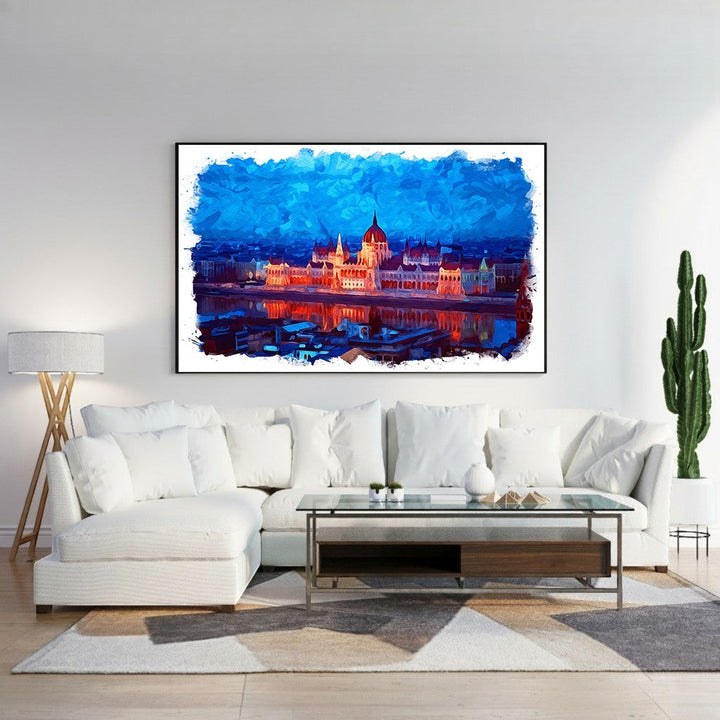 Wadi Home abstract cityscape canvas wall art with vibrant blues and oranges depicting a city skyline at dusk.