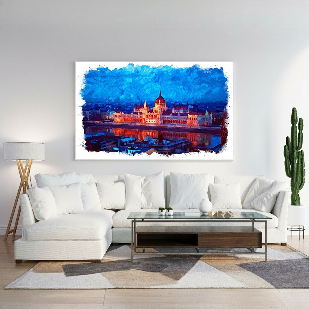 Wadi Home abstract cityscape canvas wall art with vibrant blues and oranges, depicting a city skyline at dusk.