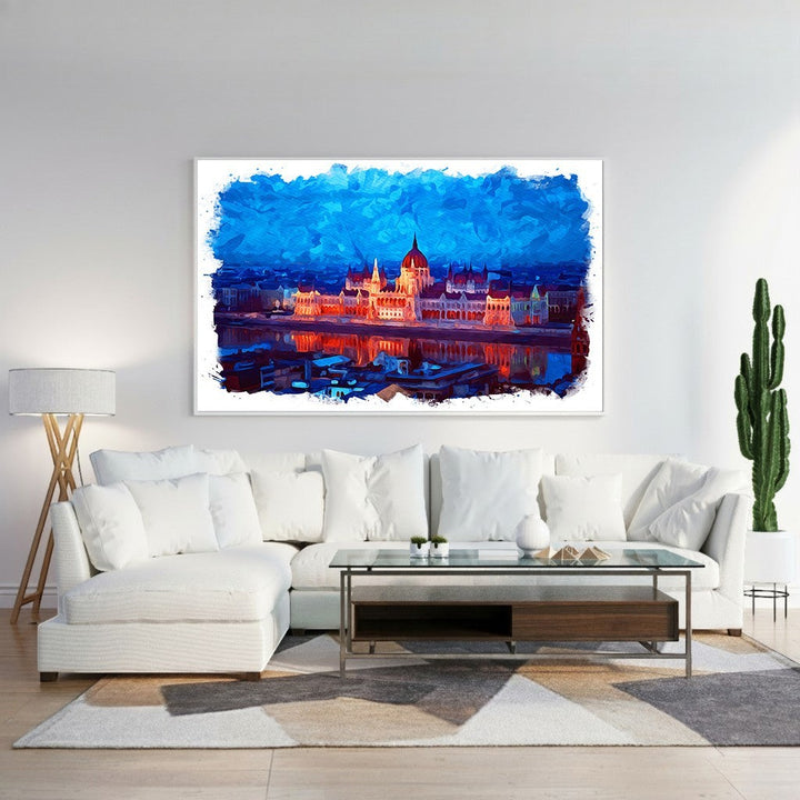 Wadi Home abstract cityscape canvas wall art with vibrant blues and oranges, depicting a city skyline at dusk.