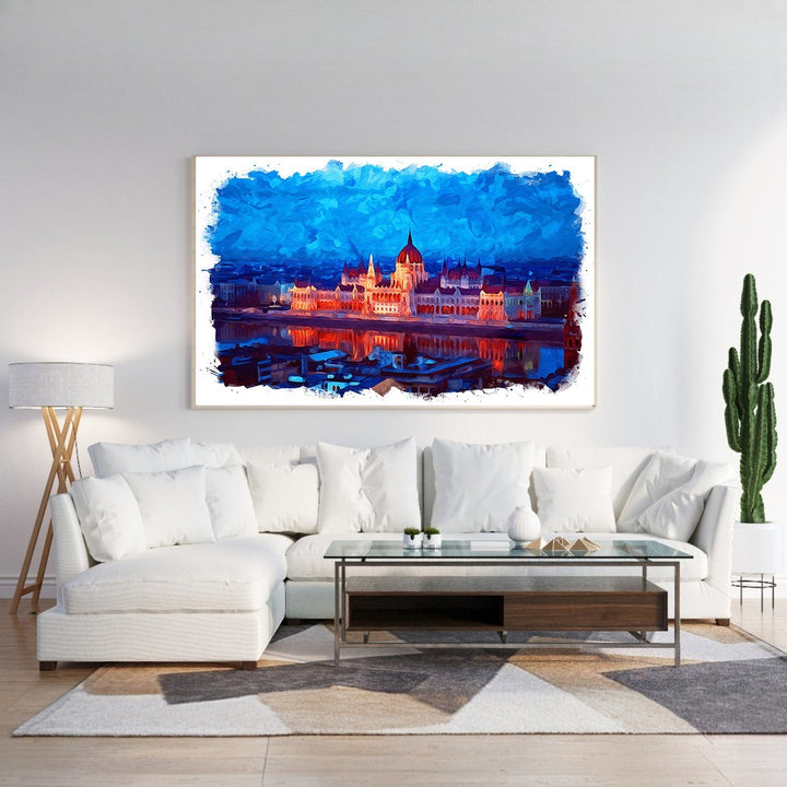 Wadi Home abstract cityscape canvas wall art with vibrant blues and oranges depicting a city skyline at dusk.