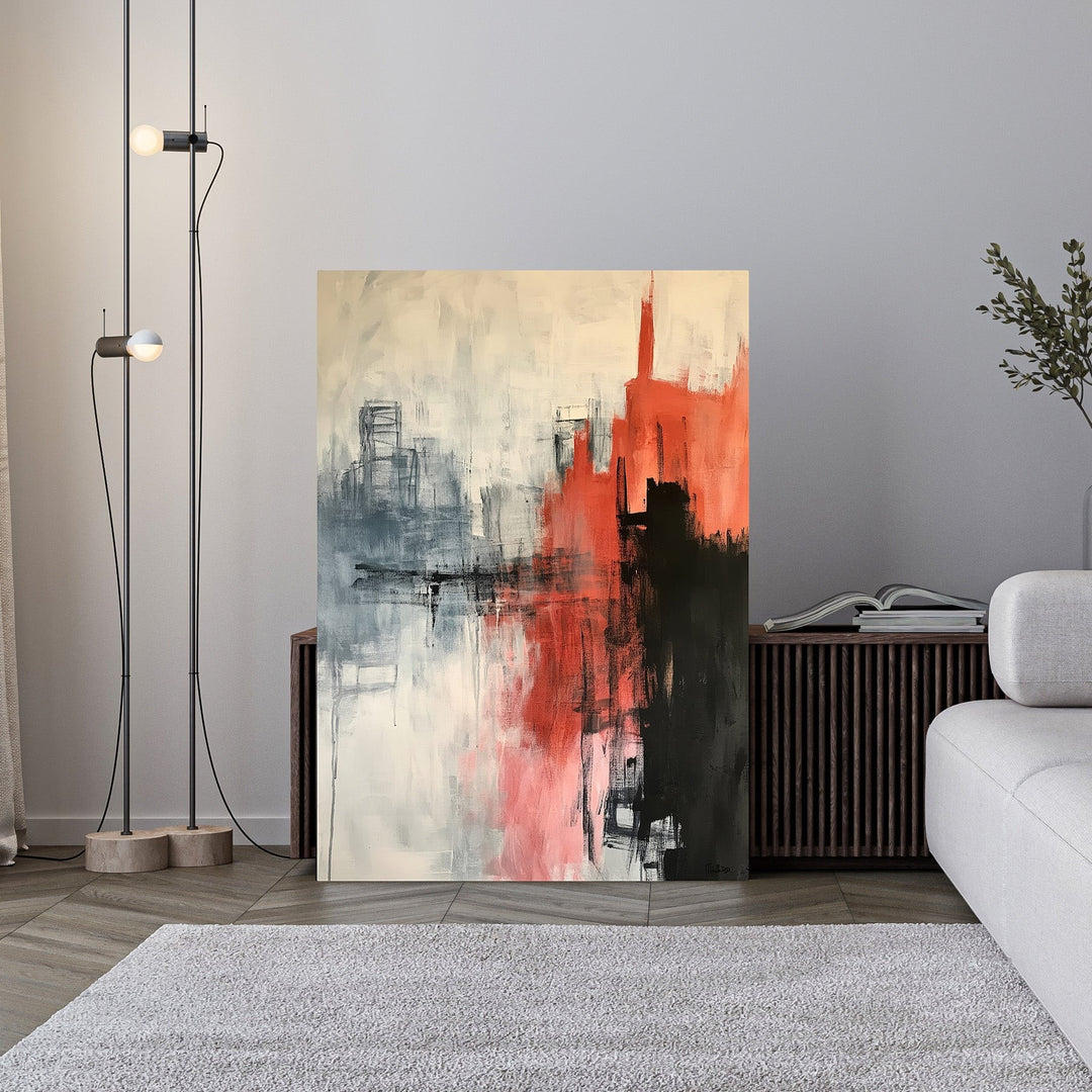 Wadi Home abstract cityscape reflection painting in red, black, and gray acrylics on canvas. Textured brushstrokes create depth.