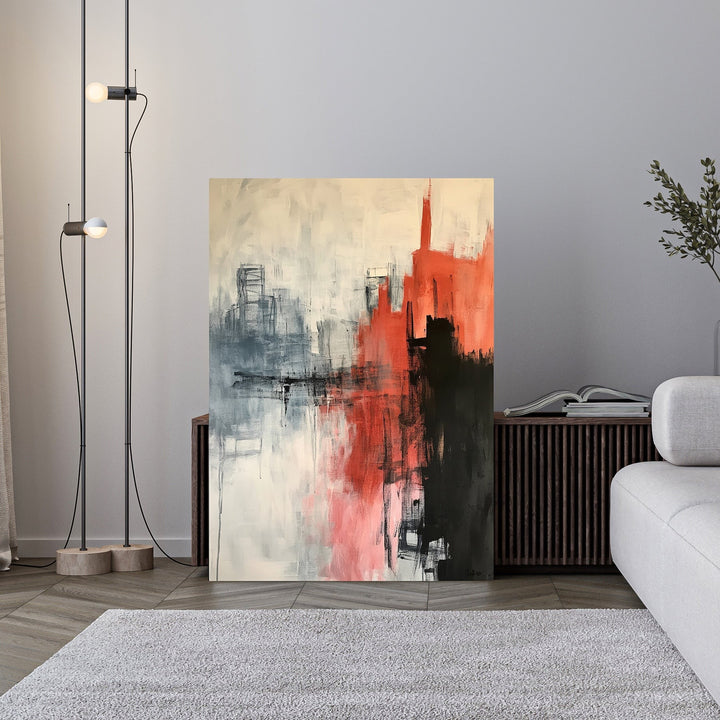 Wadi Home abstract cityscape reflection painting in red, black, and gray acrylics on canvas. Textured brushstrokes create depth.