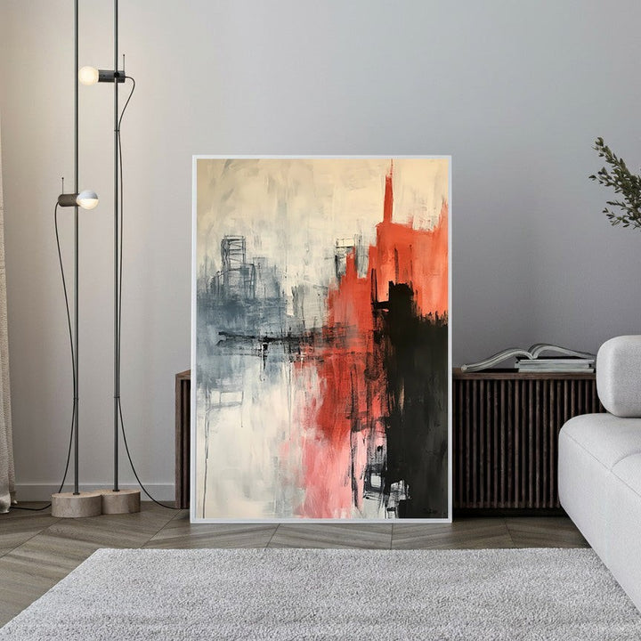 Wadi Home abstract cityscape reflection painting in red, black, and gray acrylic on canvas. Textured brushstrokes depict urban skyline mirrored in water.