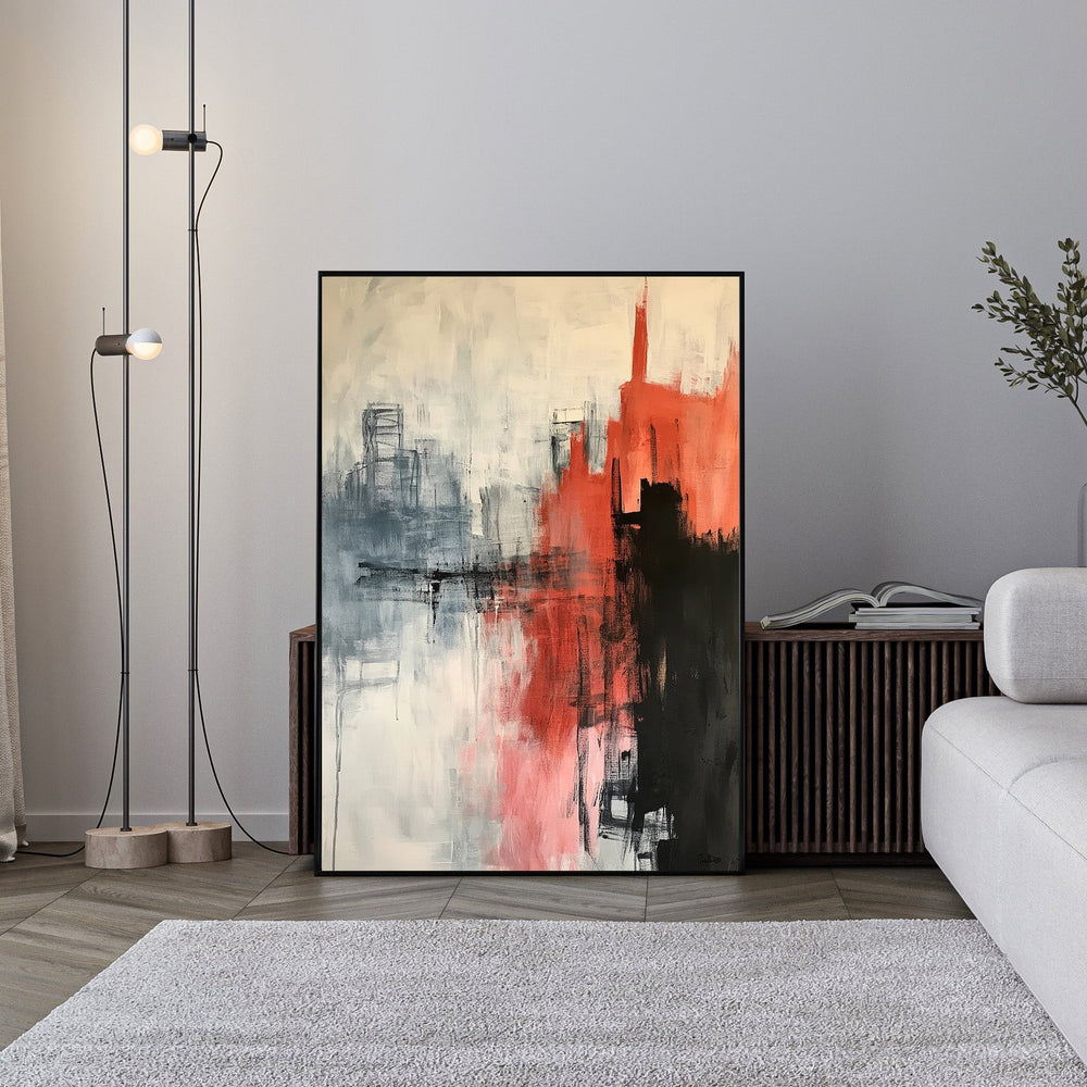 Wadi Home abstract cityscape reflection painting in red, black, and gray acrylics on canvas. Textured brushstrokes create depth.