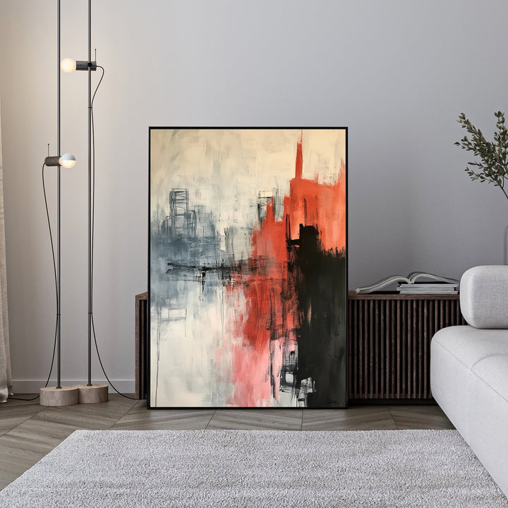 Wadi Home abstract cityscape reflection painting in red, black, and gray acrylics on canvas. Textured brushstrokes create depth.