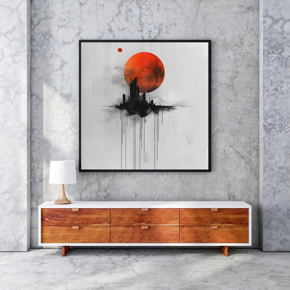 Wadi Home abstract cityscape wall art with a large red moon and silhouetted city.