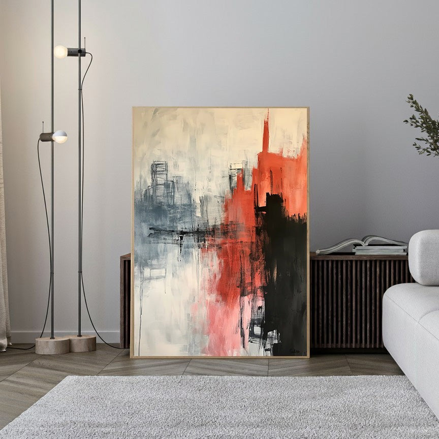 Wadi Home abstract cityscape reflection painting in red, black, gray, and cream acrylic on canvas.
