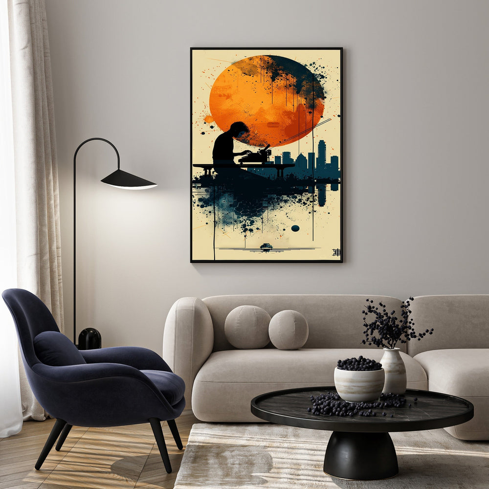 Wadi Home abstract cityscape artwork with large orange sun and silhouetted figure at a desk.