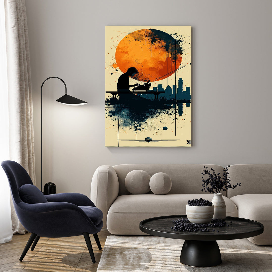 Wadi Home abstract cityscape artwork with a large orange sun, silhouetted figure at a typewriter, and city skyline.