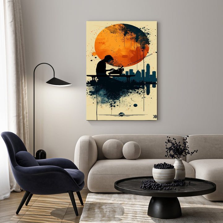 Wadi Home abstract cityscape artwork with a large orange sun, silhouetted figure at a typewriter, and city skyline.
