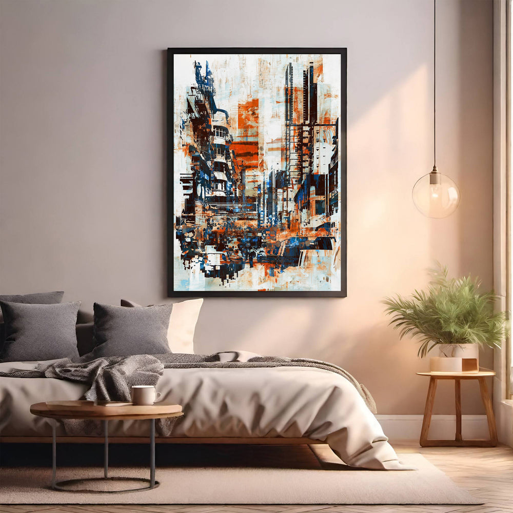 Wadi Home abstract cityscape wall art with blues, oranges, and whites. Textured brushstrokes create depth.