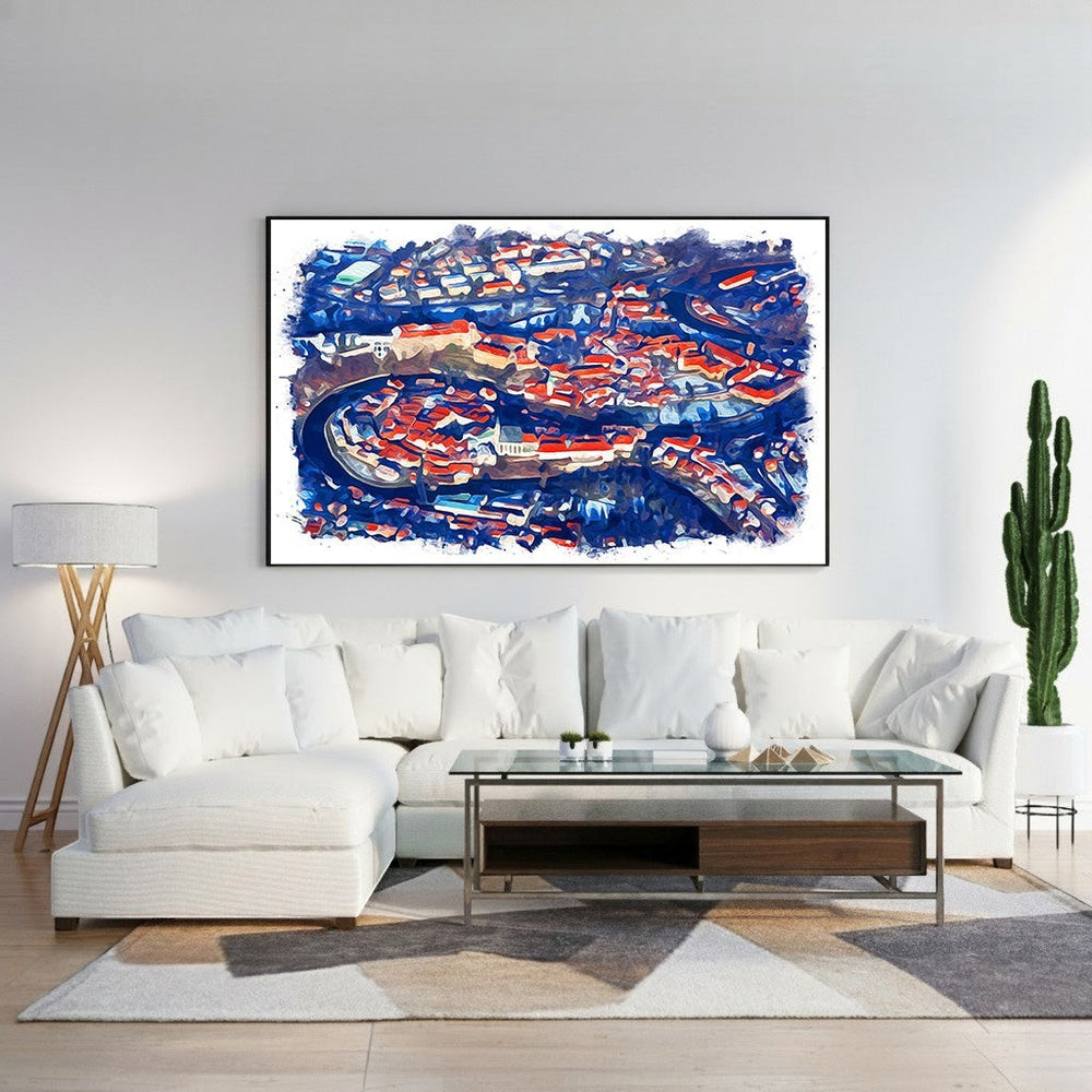 Wadi Home abstract cityscape wall art with deep blues and red rooftops, painterly style.