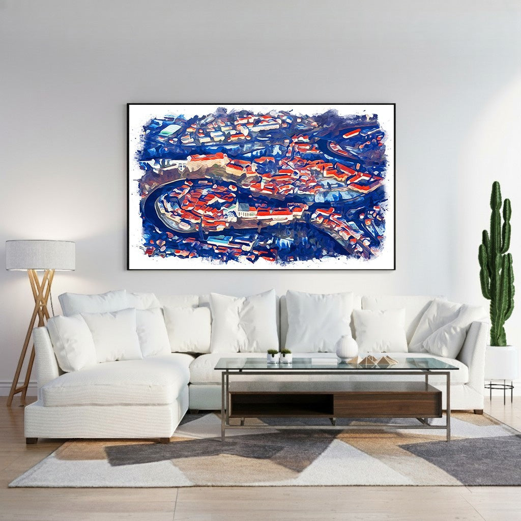 Wadi Home abstract cityscape wall art with deep blues and red rooftops, painterly style.