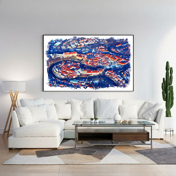 Wadi Home abstract cityscape wall art with deep blues and red rooftops, painterly style.