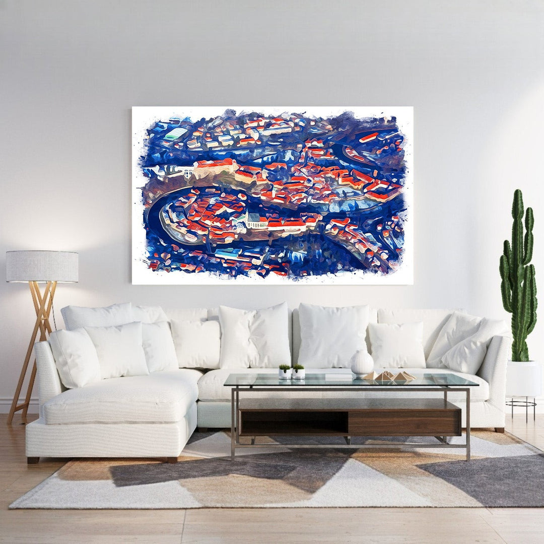 Wadi Home abstract cityscape wall art with vibrant blues and reds, depicting an urban landscape with painterly flair.