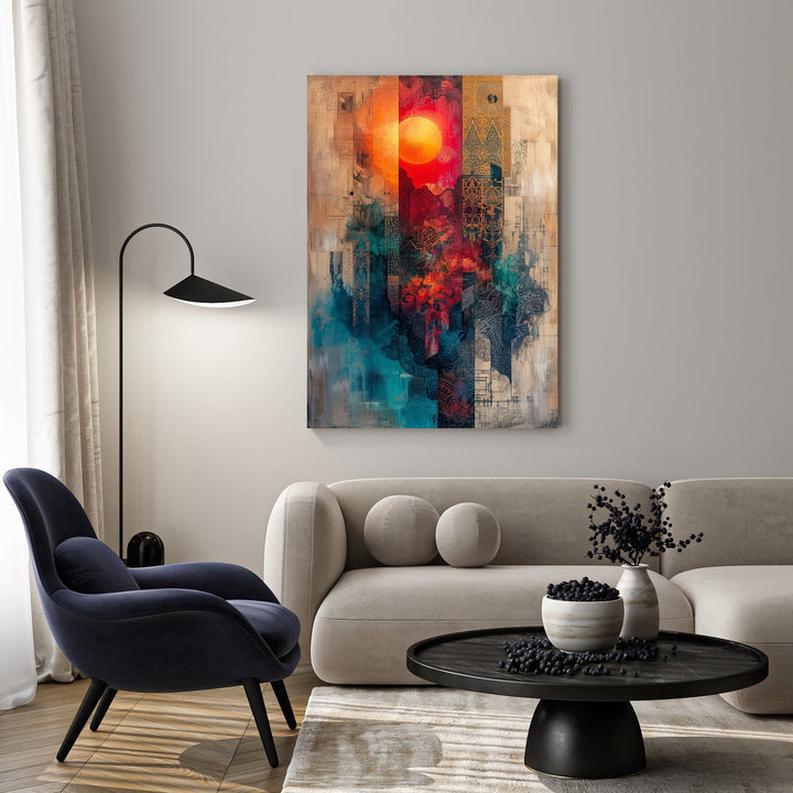 Wadi Home abstract sunburst cityscape wall art with vibrant oranges, reds, and blues. Layered design evokes depth and modern sophistication.