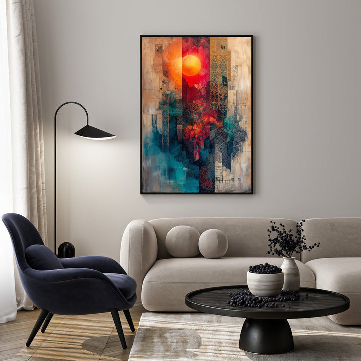 Wadi Home abstract sunburst cityscape wall art with vibrant oranges, reds, and blues. Layered design evokes depth and modern sophistication.