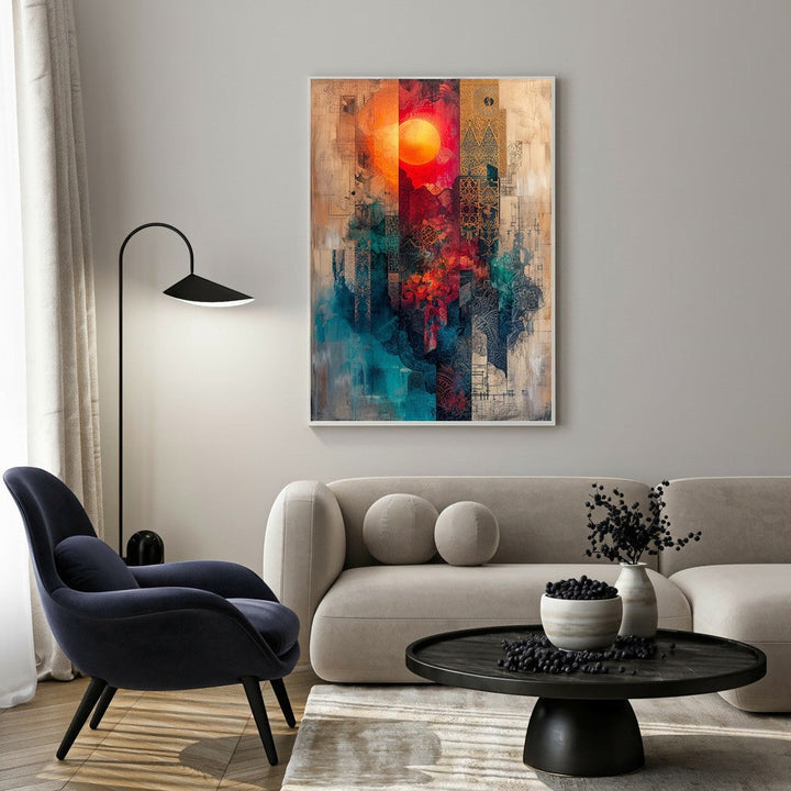 Wadi Home abstract sunburst cityscape wall art with vibrant oranges, reds, and blues. Layered design evokes depth and modern sophistication.