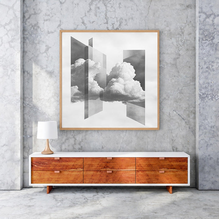Wadi Home abstract cloudscape framed wall art in natural wood frame, monochromatic.
