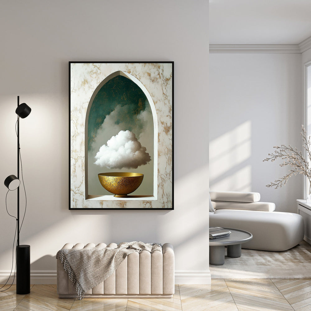 Wadi Home abstract wall art featuring a white cloud in a golden bowl within an arched frame with marble effect.