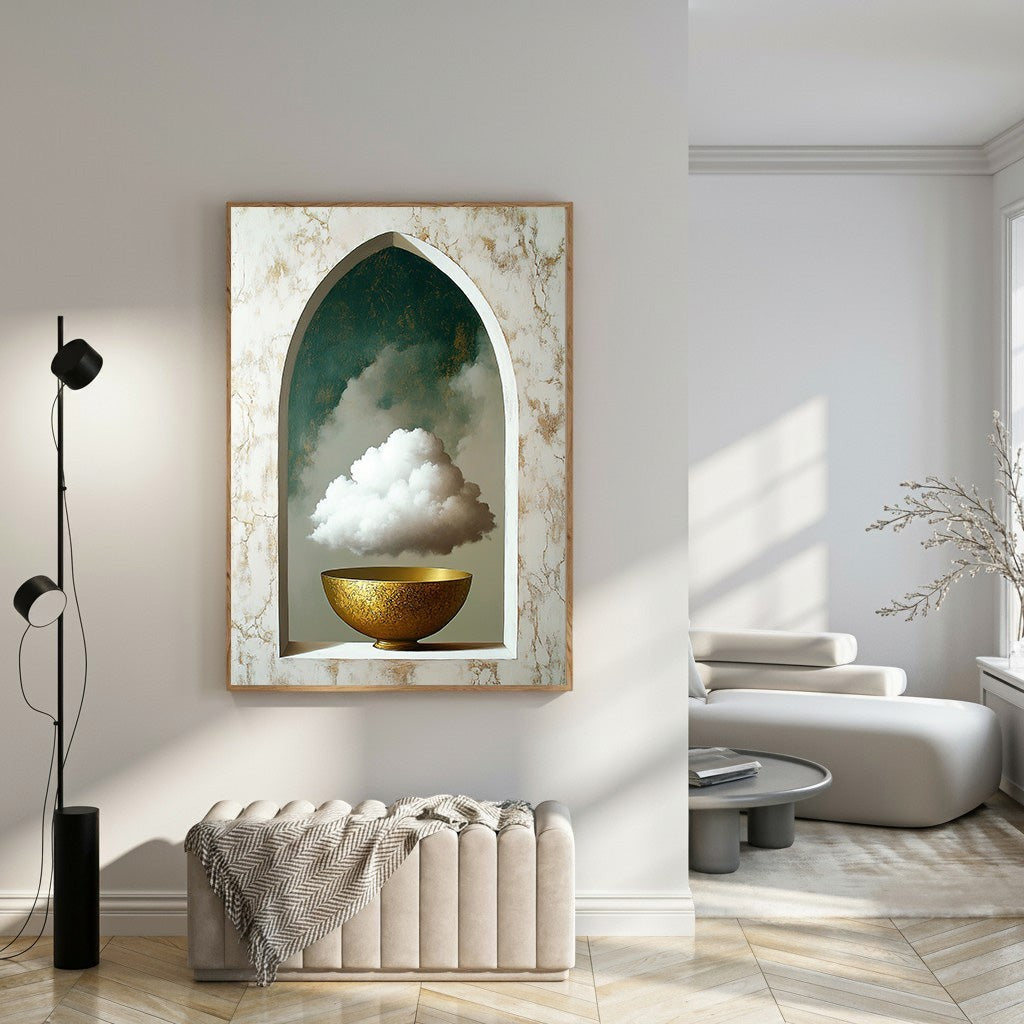 Wadi Home abstract wall art featuring a fluffy white cloud in a golden bowl within an arched marble-effect frame.