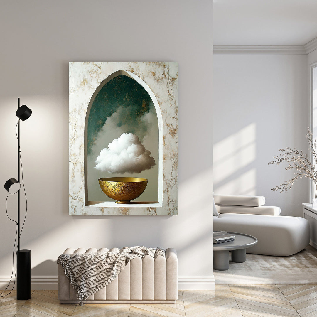 Wadi Home abstract wall art featuring a cloud in a golden bowl within an arched frame with marble effect.
