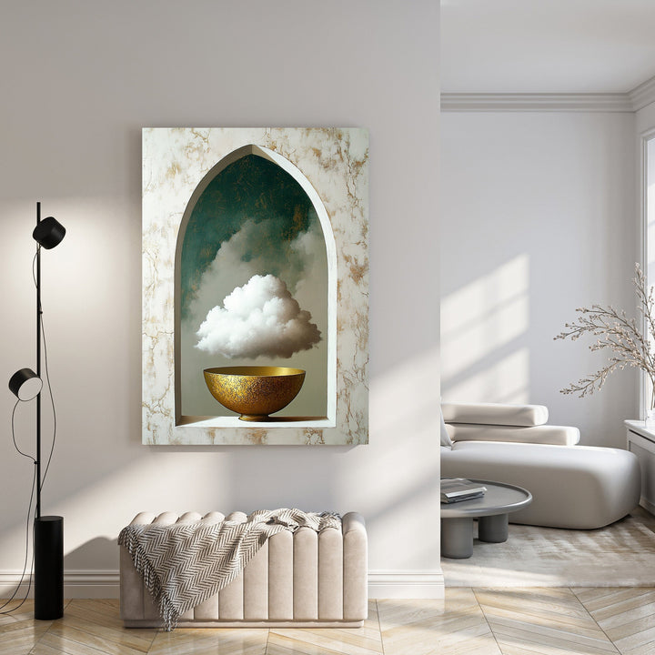 Wadi Home abstract wall art featuring a cloud in a golden bowl within an arched frame with marble effect.