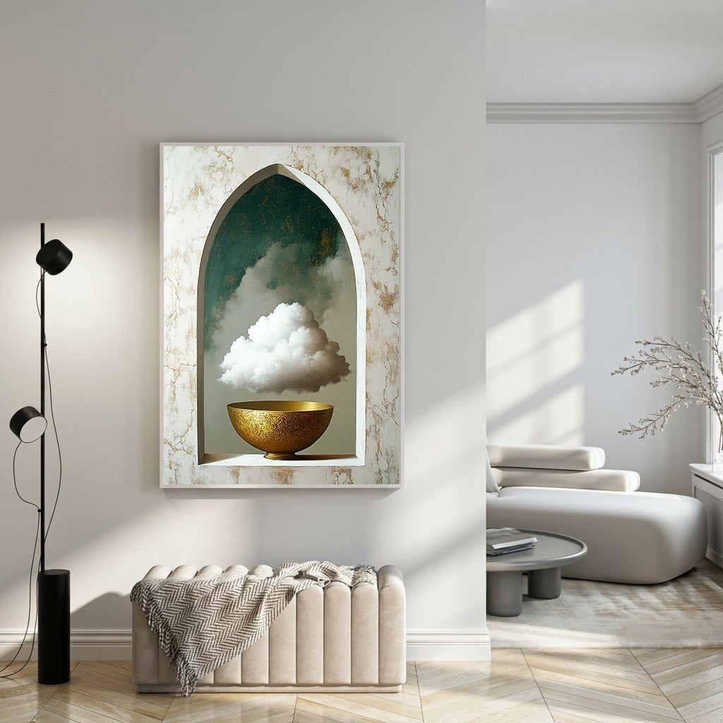 Wadi Home abstract wall art featuring a cloud in a golden bowl within an arched frame with marble effect.