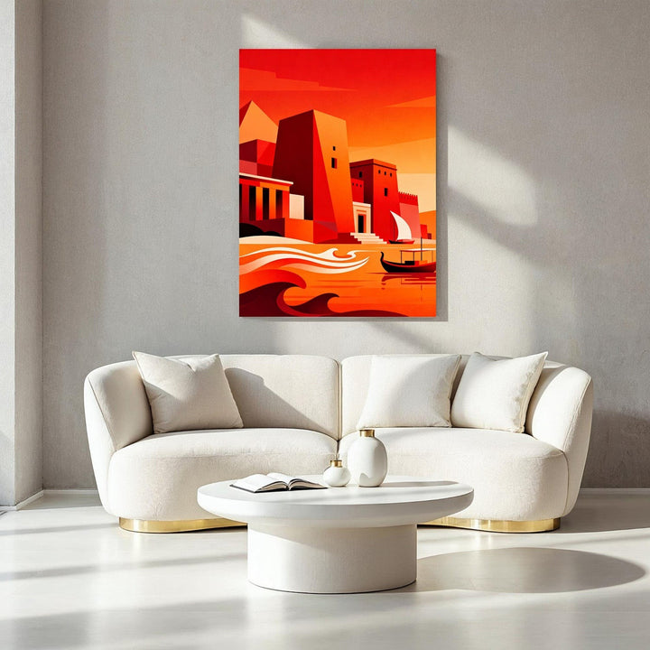 Wadi Home abstract coastal cityscape wall art with bold geometric shapes in warm oranges and reds, featuring a sailboat on water.