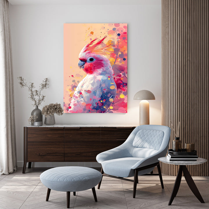 Wadi Home abstract cockatoo wall art with pink, blue, and yellow watercolor splashes. Modern statement piece.