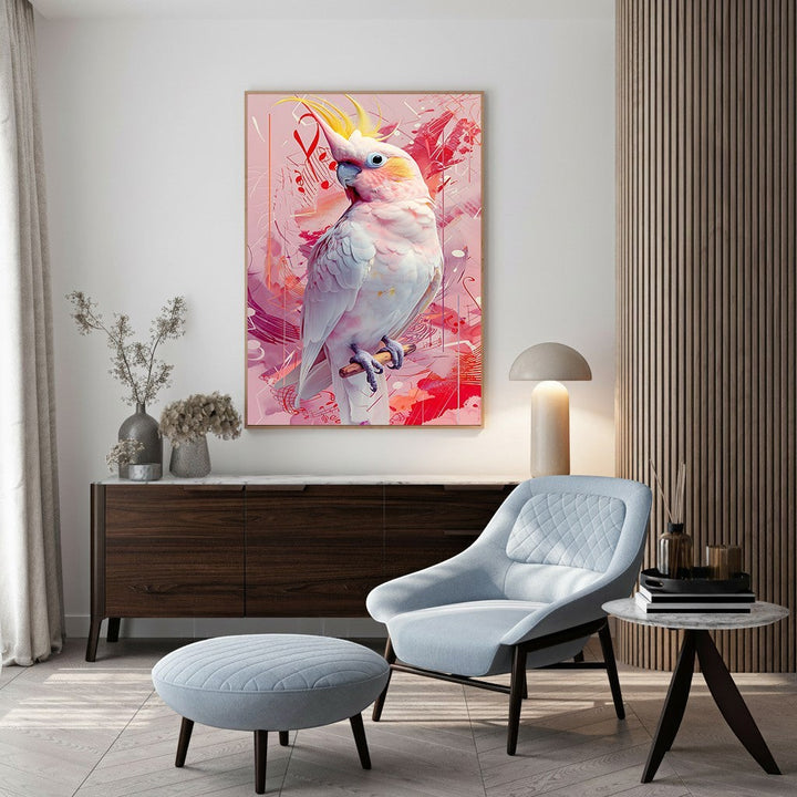 Wadi Home abstract cockatoo portrait wall art with pink and red abstract background. Features a white cockatoo with yellow crest.