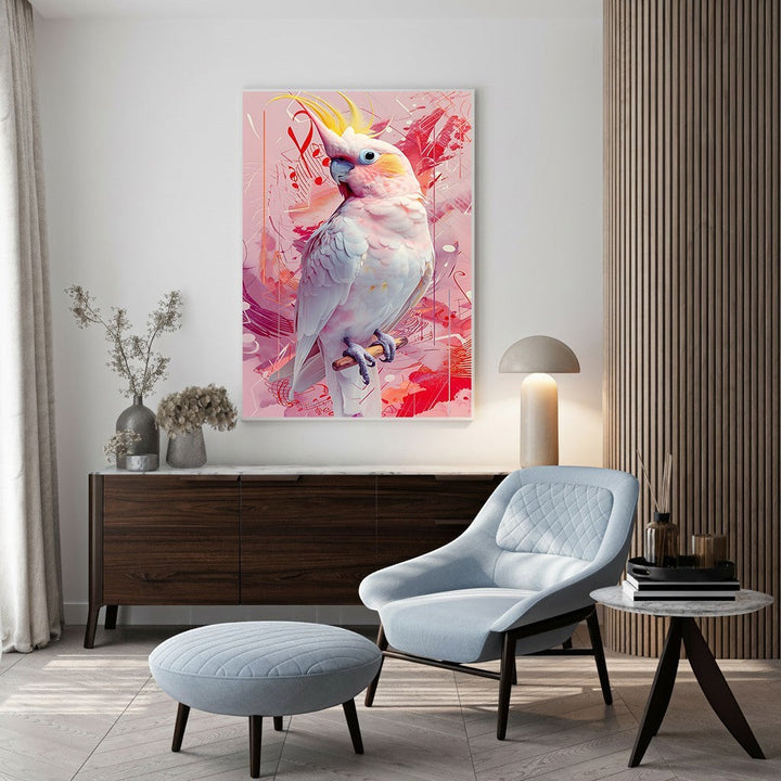 Wadi Home abstract cockatoo portrait wall art with pink and red hues. Detailed artwork of a white cockatoo with yellow crest.