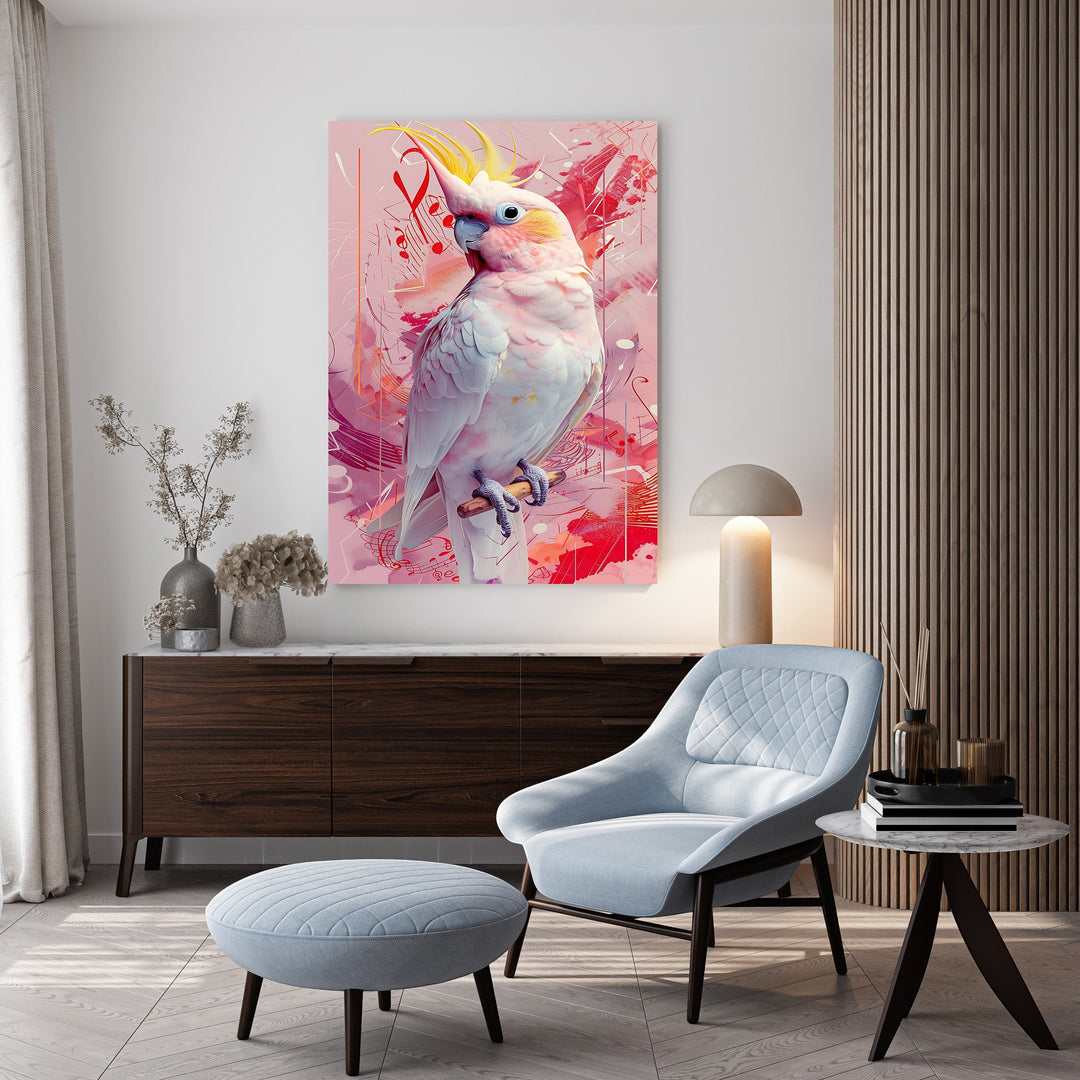 Wadi Home abstract cockatoo portrait wall art with pink and red abstract background. Detailed artwork on high-quality material.