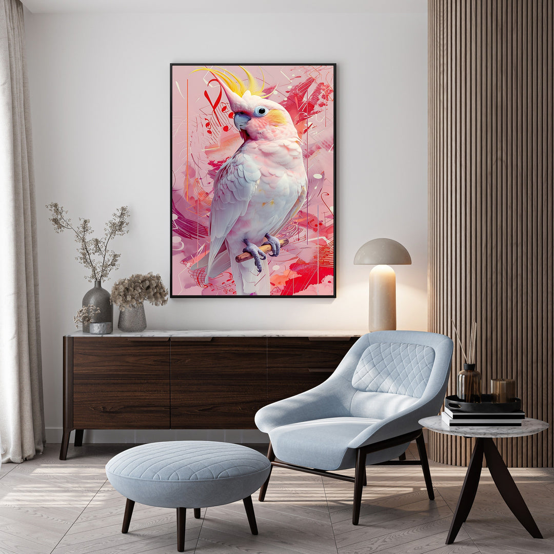 Wadi Home abstract cockatoo portrait wall art with pink and red abstract background. Detailed artwork of a white cockatoo with yellow crest.